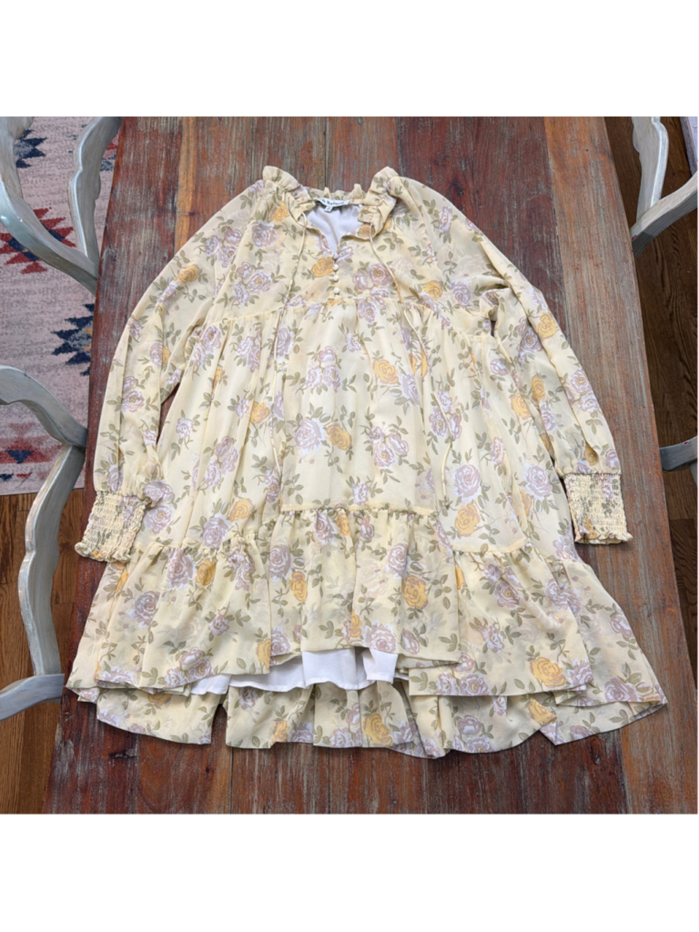 En Saison Yellow Floral Mini Dress Babydoll Tiered Ruffle Smocked Long Sleeve M